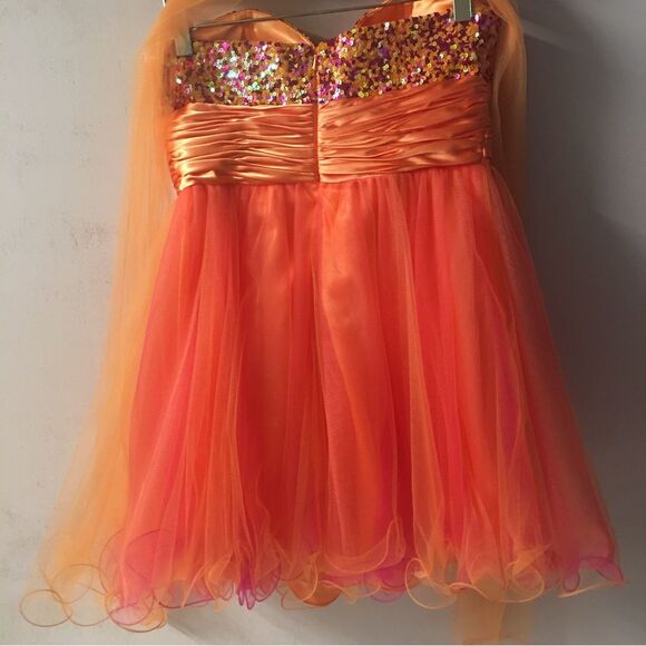 Unique Vintage Let’s Fashion Orange/Pink Sequin Sweetheart Bust Dress Size S EUC - Picture 9 of 11